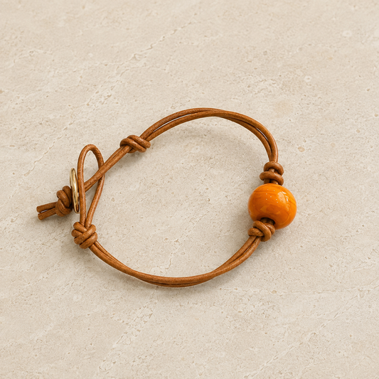Amber Orange Glass Bead Leather Bracelet