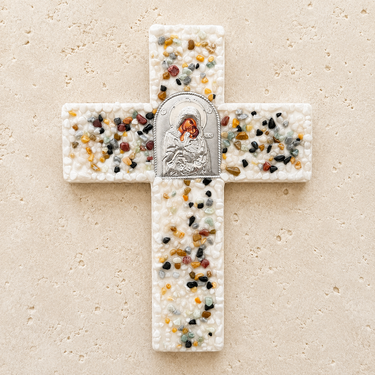 Gemstone Chip Silver Icon Wooden Cross