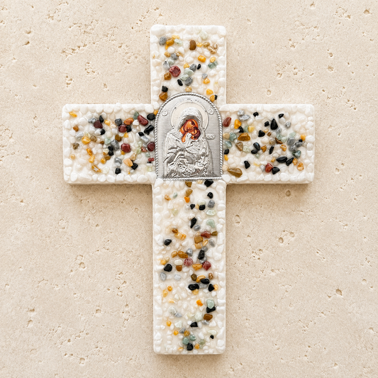 Gemstone Chip Silver Icon Wooden Cross