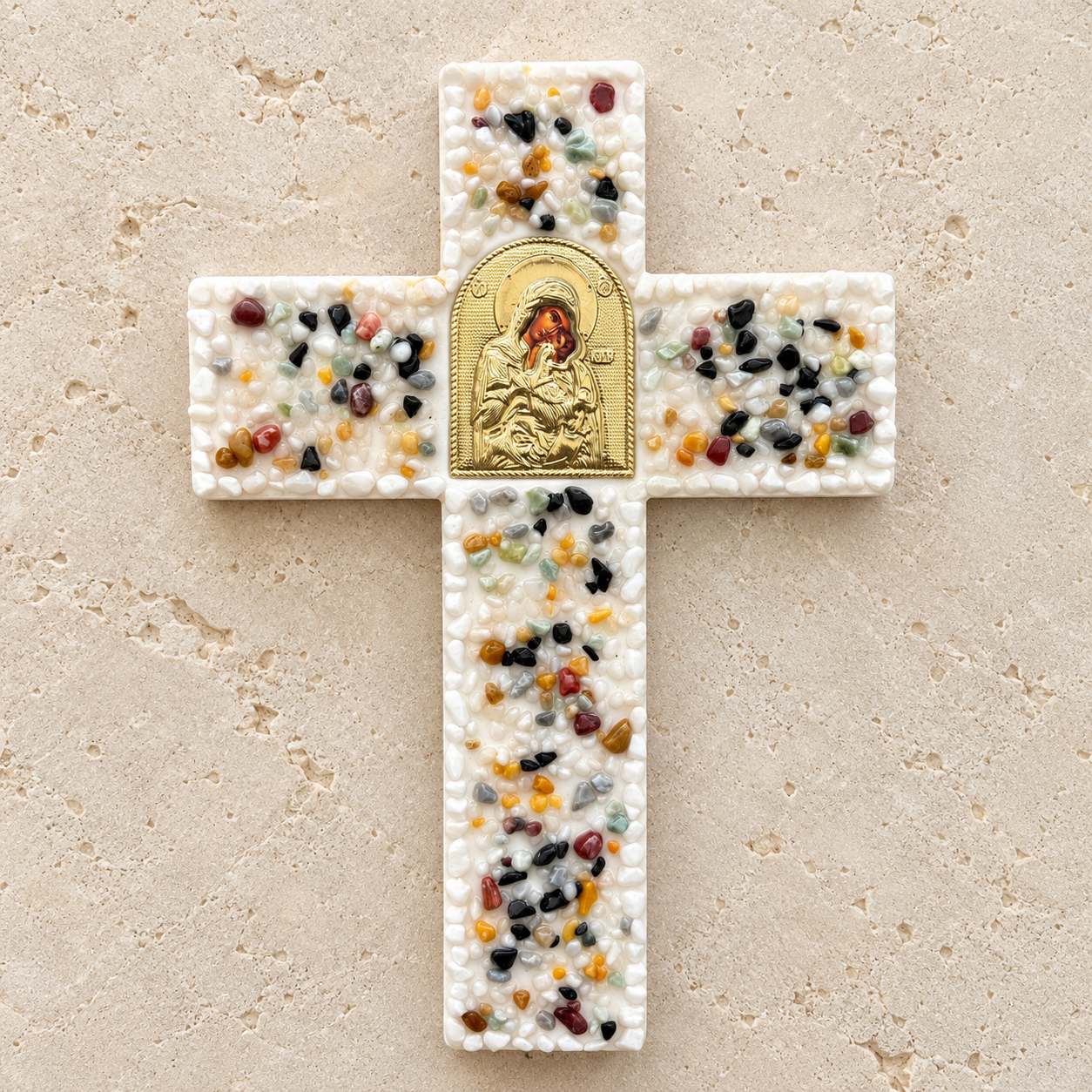 Gemstone Chip Gold Icon Wooden Cross
