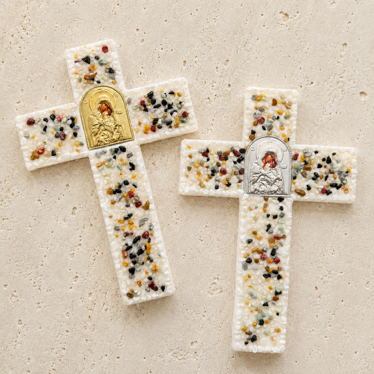 Gemstone Chip Gold Icon Wooden Cross