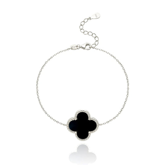 Black Agate Clover Silver Bracelet