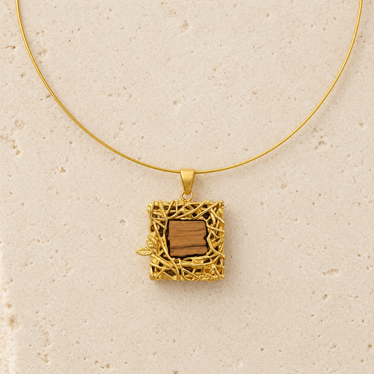 Olive Wood Square Frame Necklace