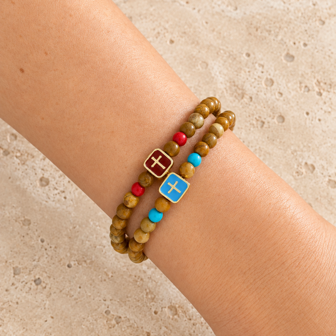 River Stone Blue Cross Beaded Bracelet
