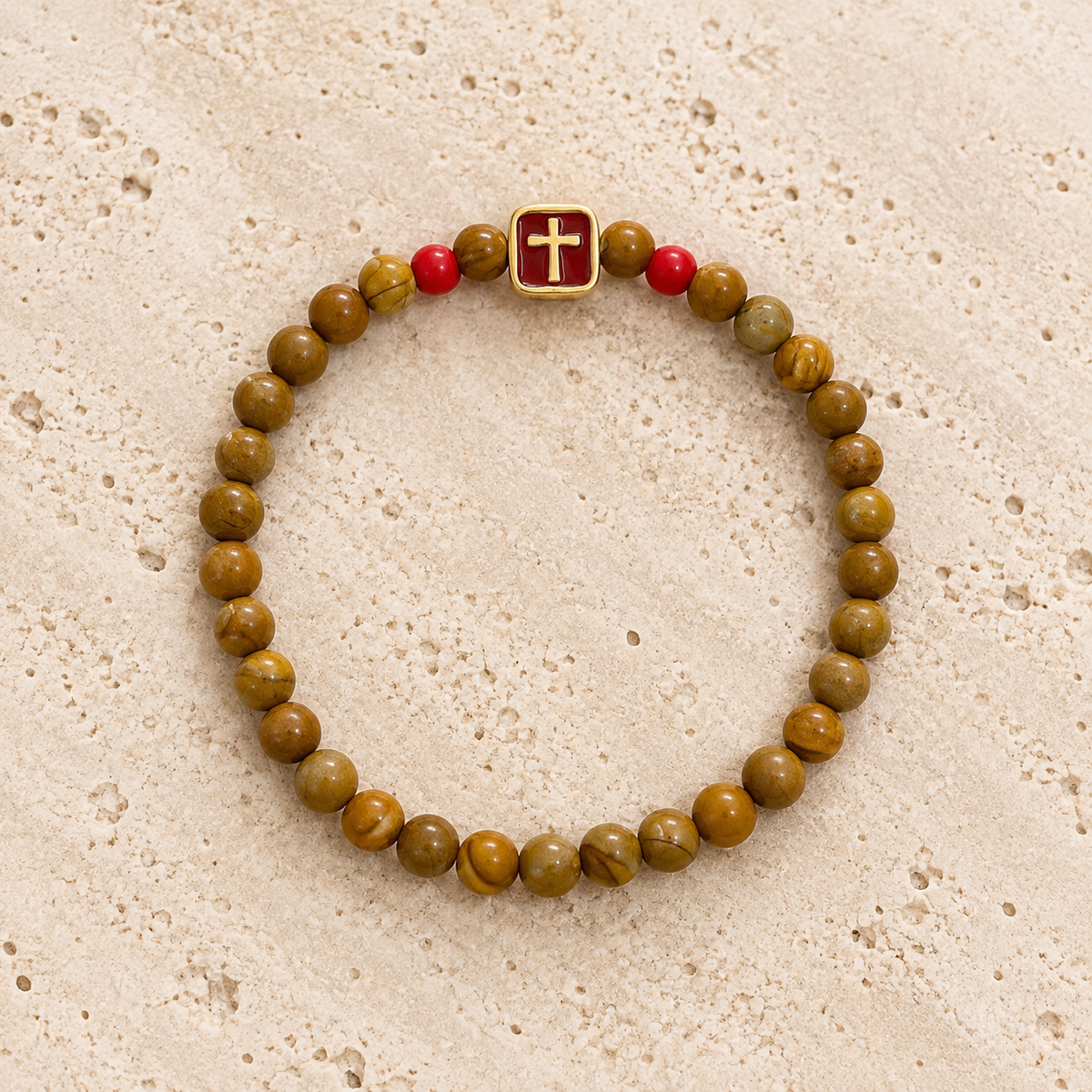 River Stone Red Cross Beaded Bracelet