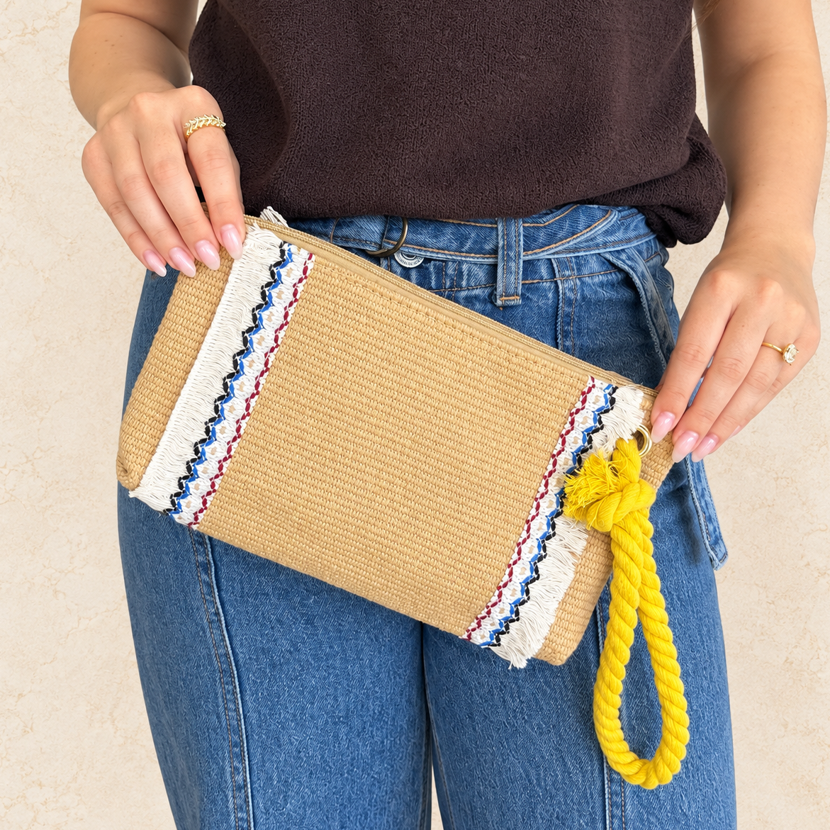 Woven Clutch with Yellow Rope Handle