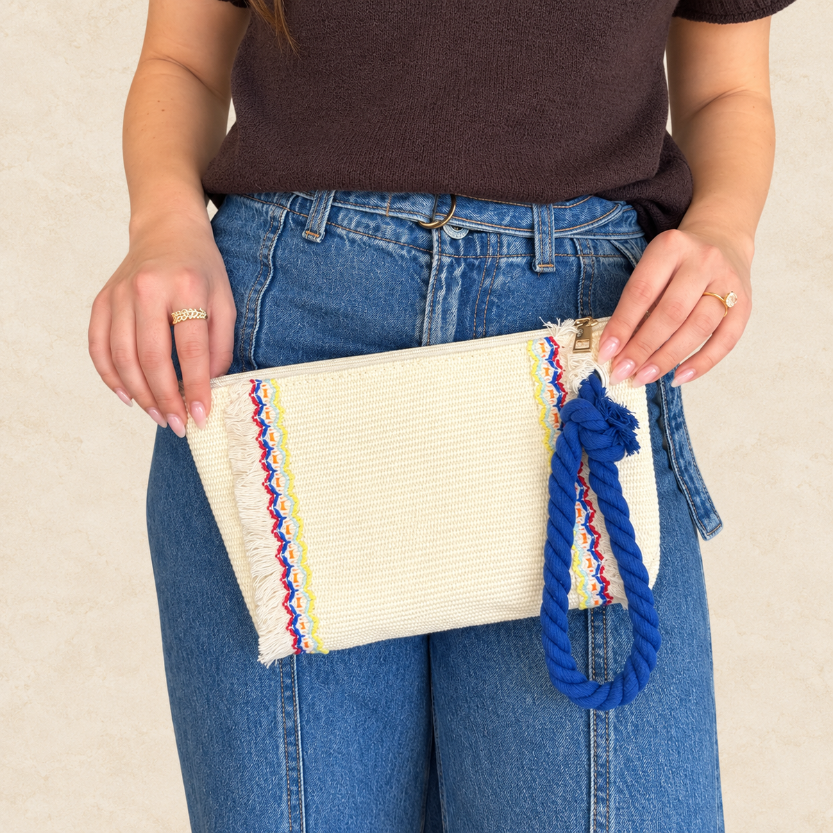 Woven Clutch with Blue Rope Handle