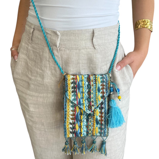 Blue Hand Beaded Cross body Bag