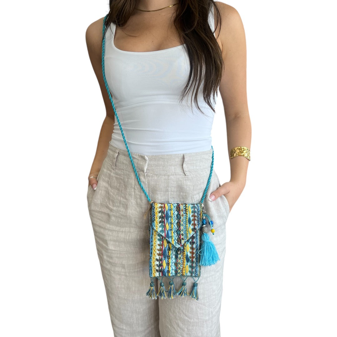 Blue Hand Beaded Cross body Bag