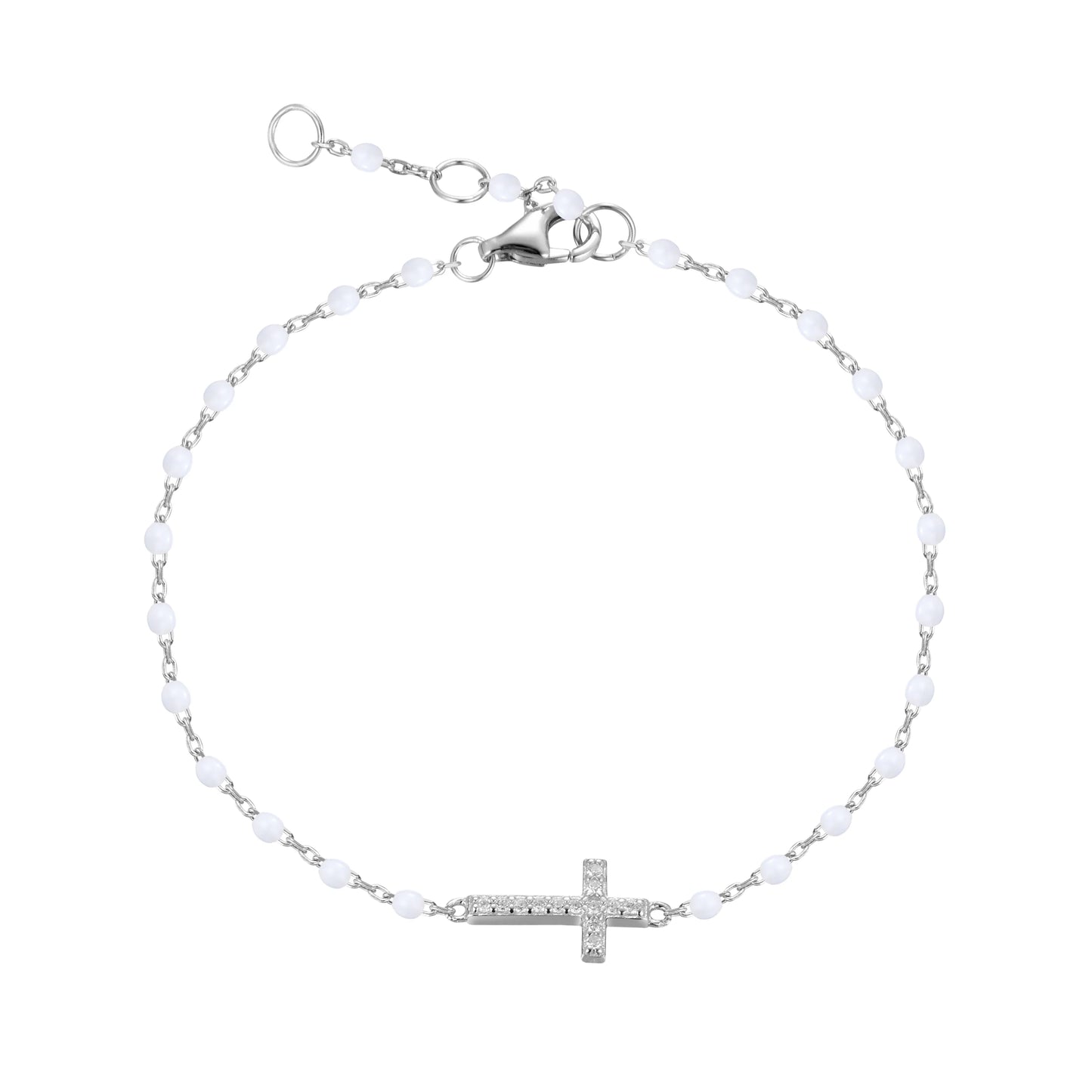 White Rosary Beaded Cross Bracelet Silver