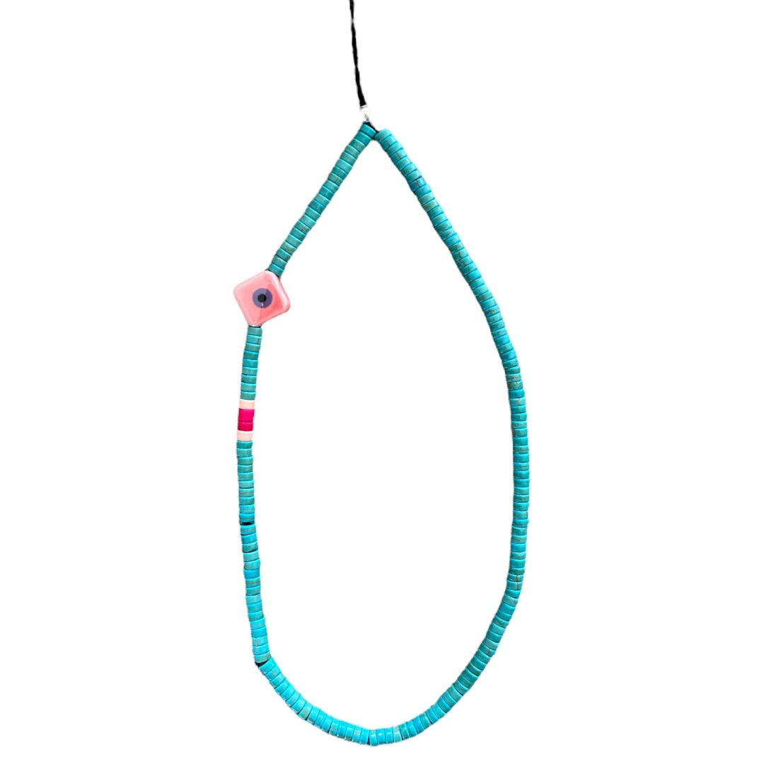 Turquoise Beaded And Pink Evil Eye Phone Strap