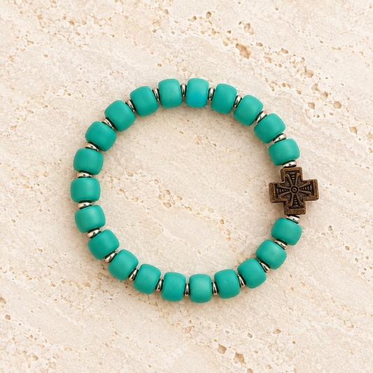 Blue Beaded Wooden Cross Bracelet