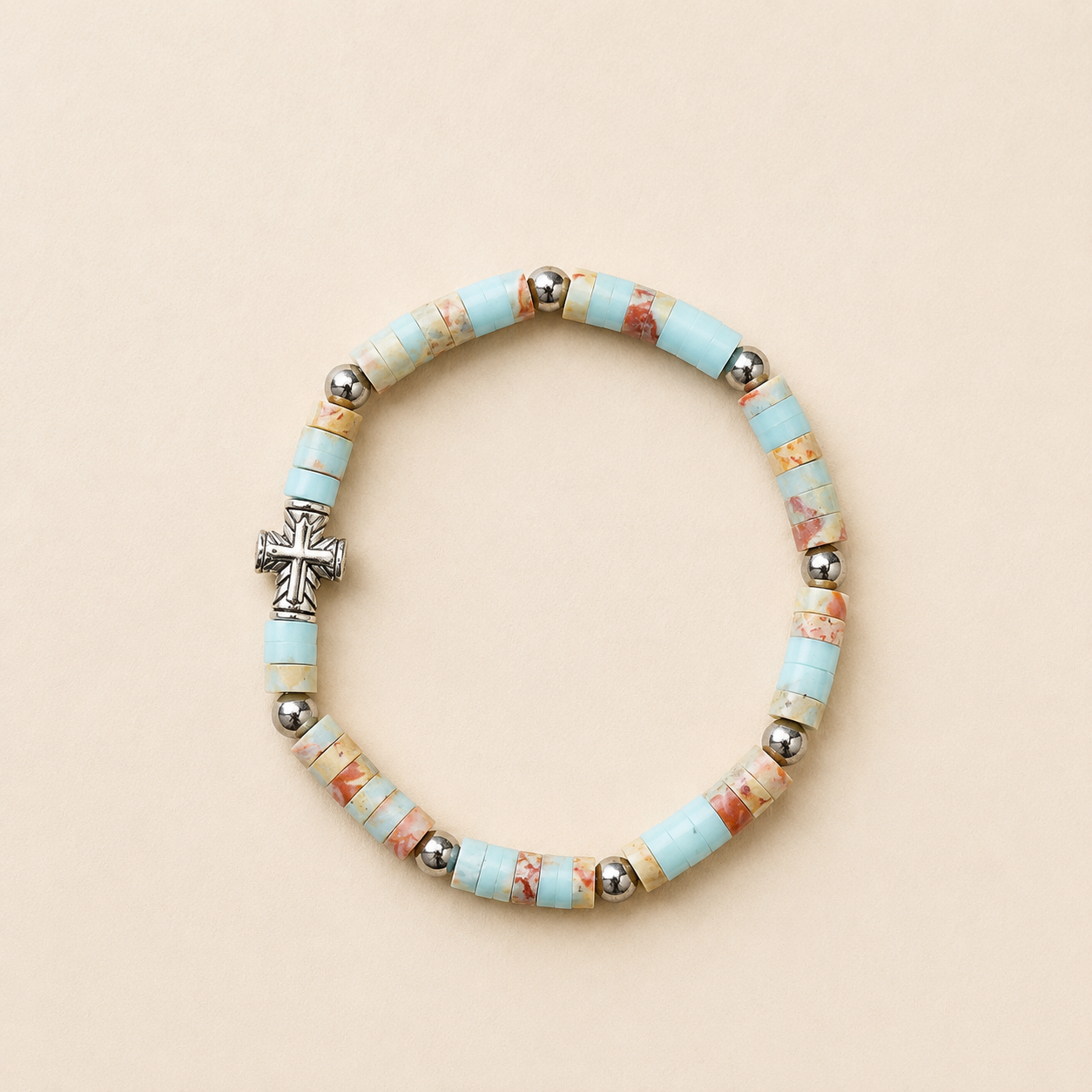 Gemstone Beaded Silver Cross Bracelet