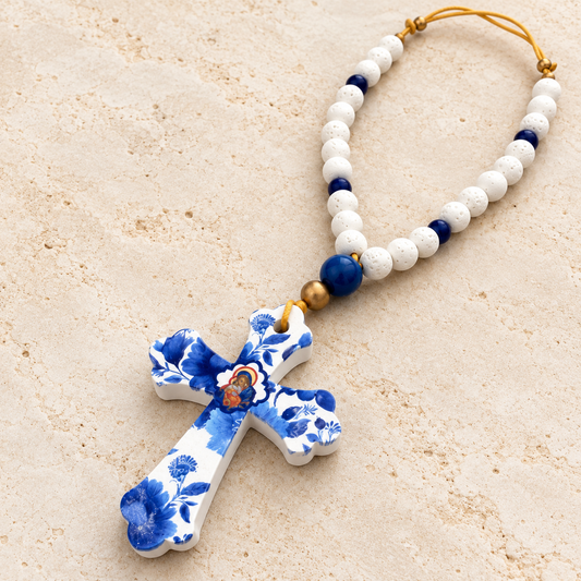 Blue & White Mary & Jesus Cross Ornament