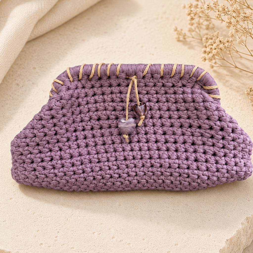 Hand Crocheted Purple Murano Heart Clutch