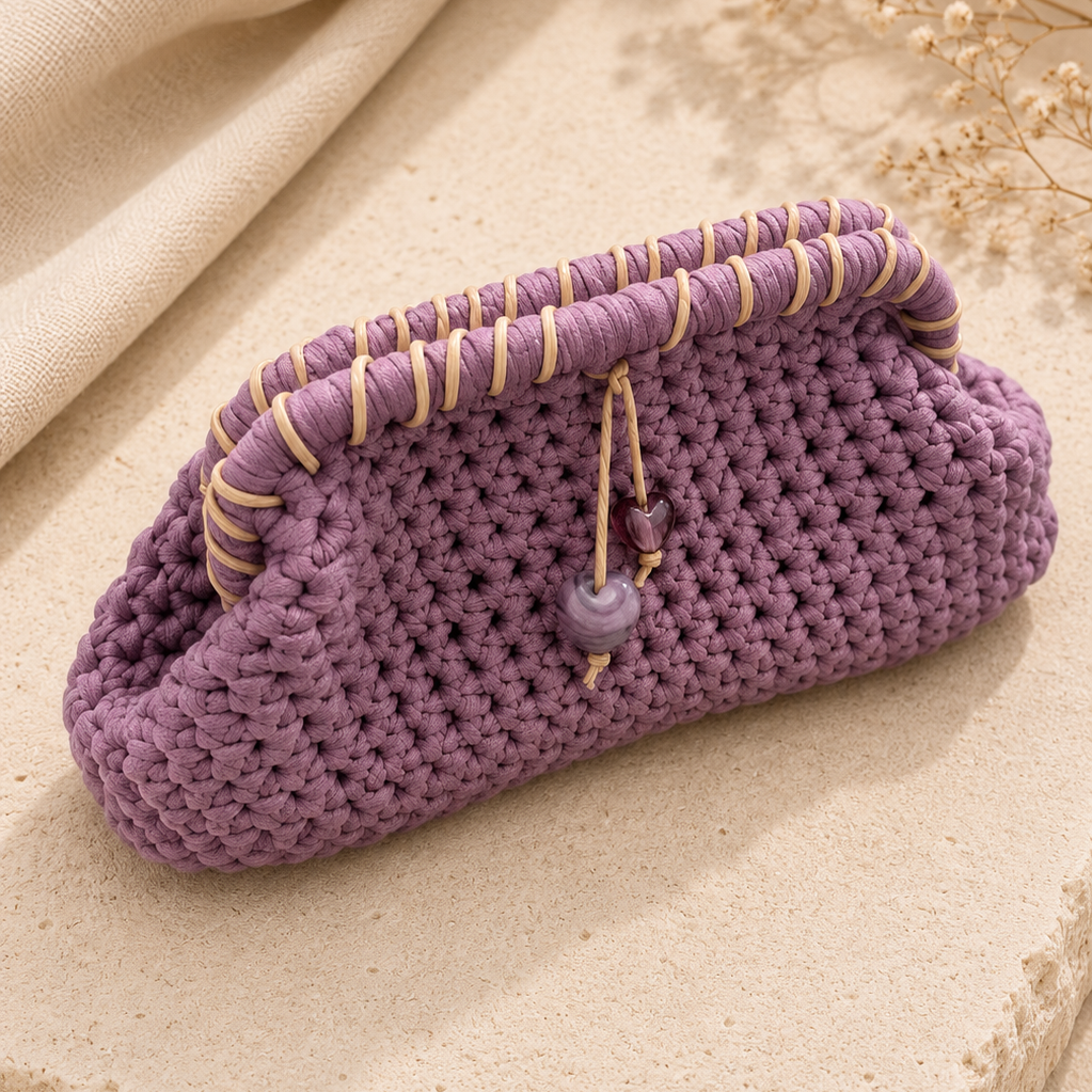 Hand Crocheted Purple Murano Heart Clutch