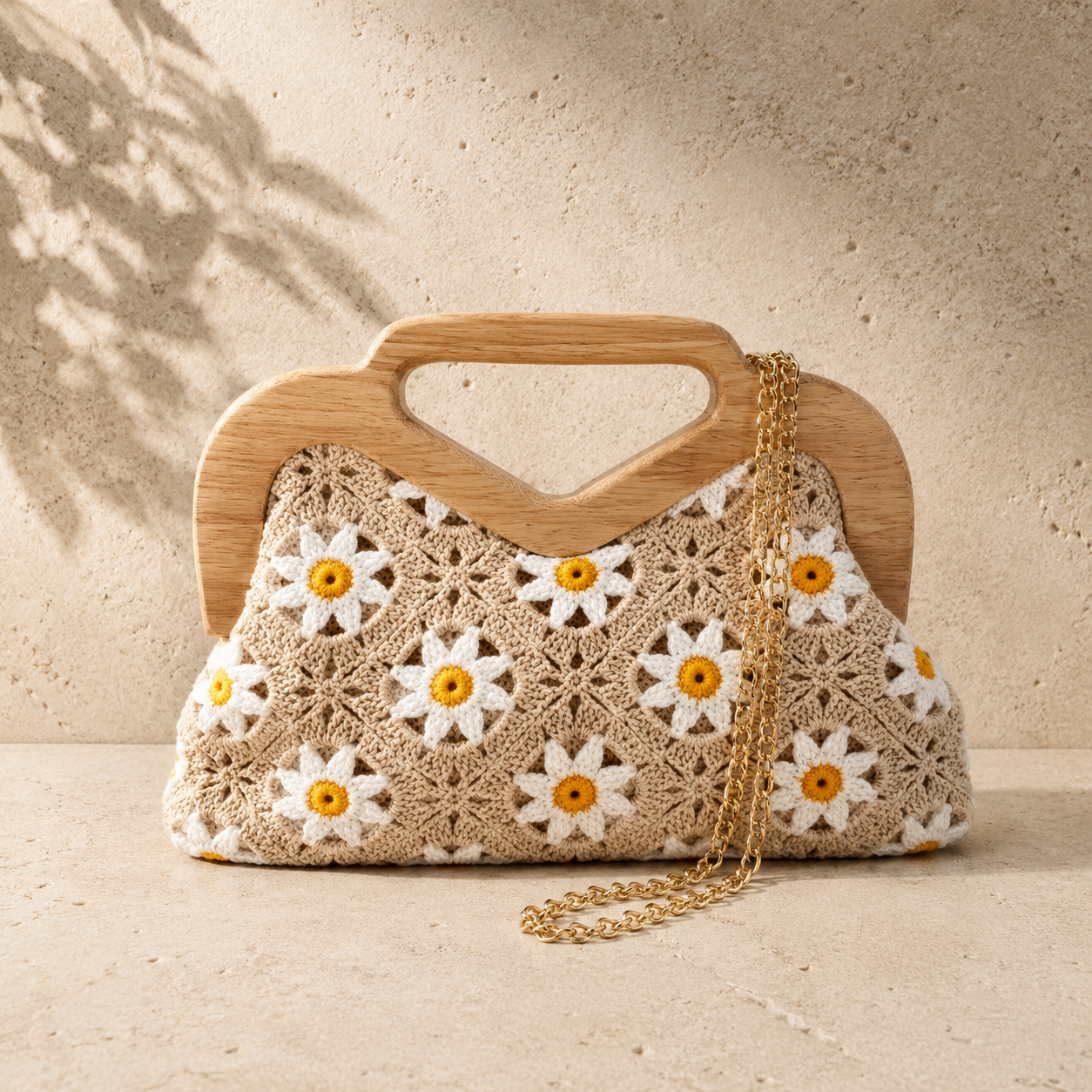 Wooden Handle Clutch Bag - Daisy