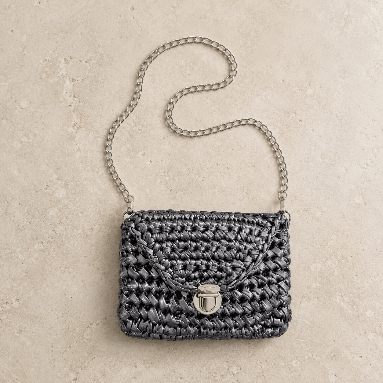 Hand Crocheted Metallic Silver Bag