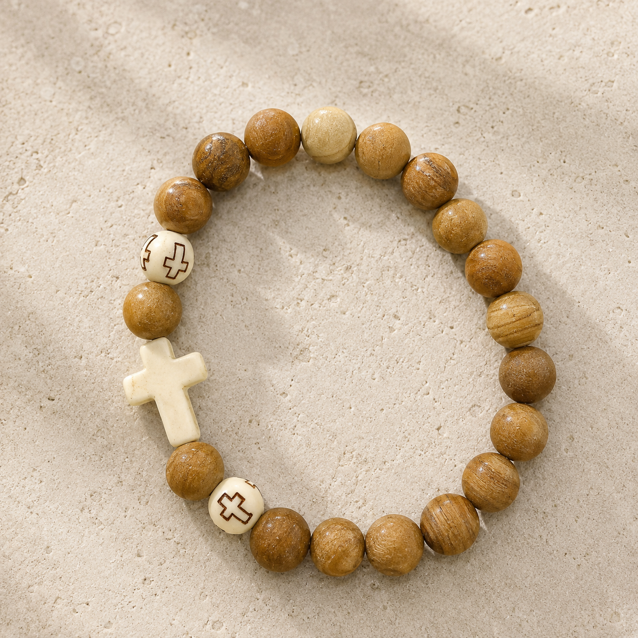 Wooden Beaded Cross Bracelet