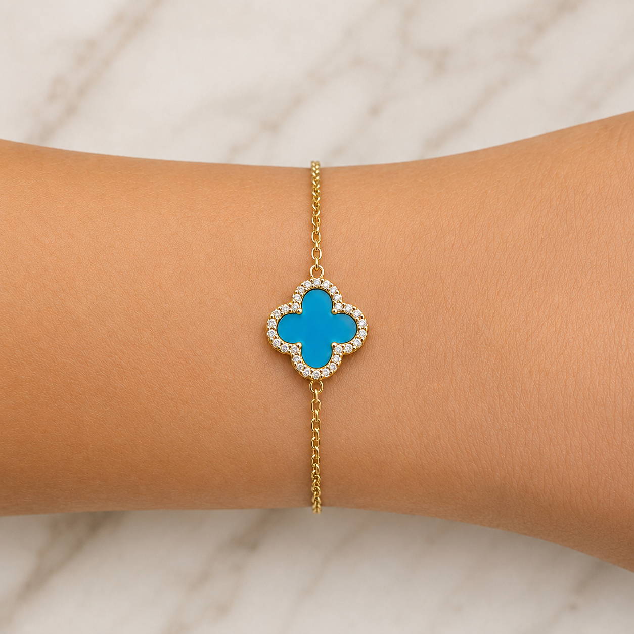 Turquoise Blue Gold Clover Bracelet