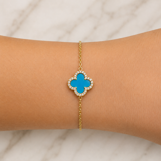 Turquoise Blue Gold Clover Bracelet