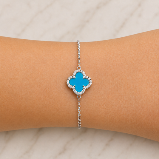 Turquoise Blue Silver Clover Bracelet