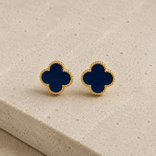 Navy Blue Clover Gold Earrings