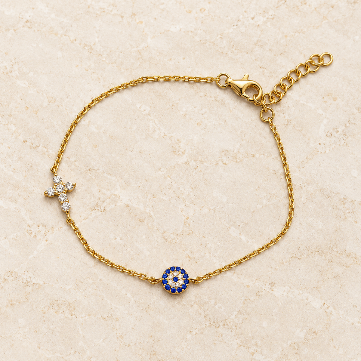 Evil Eye & Cross Gold Bracelet