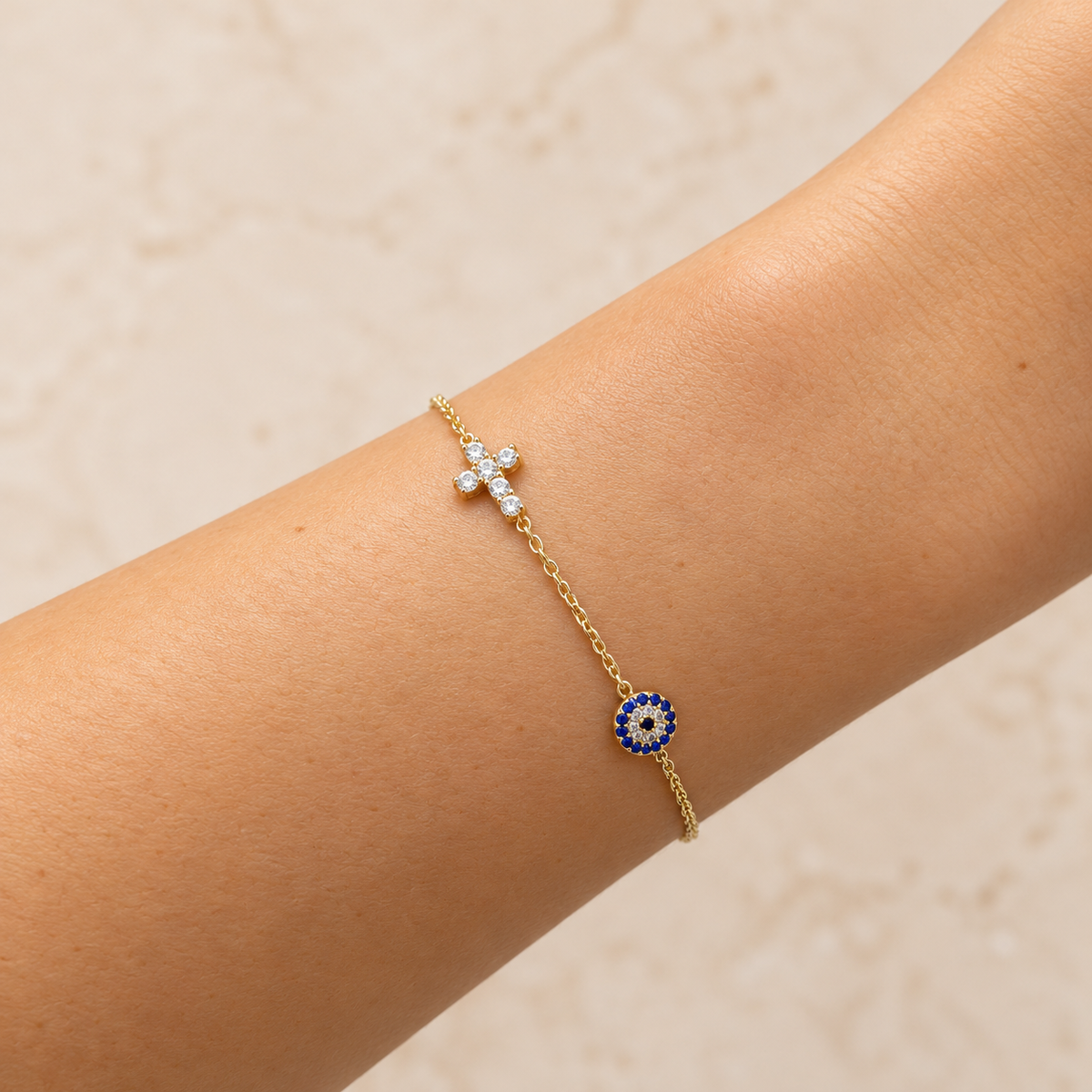 Evil Eye & Cross Gold Bracelet