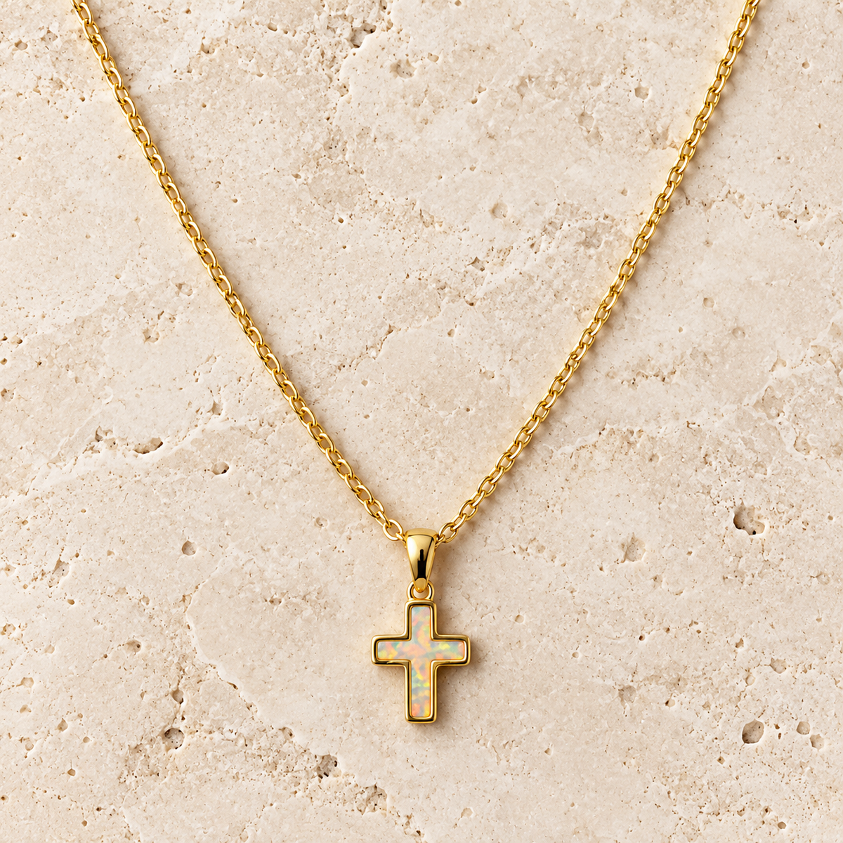 Miniature White Opalite Gold Cross Necklace