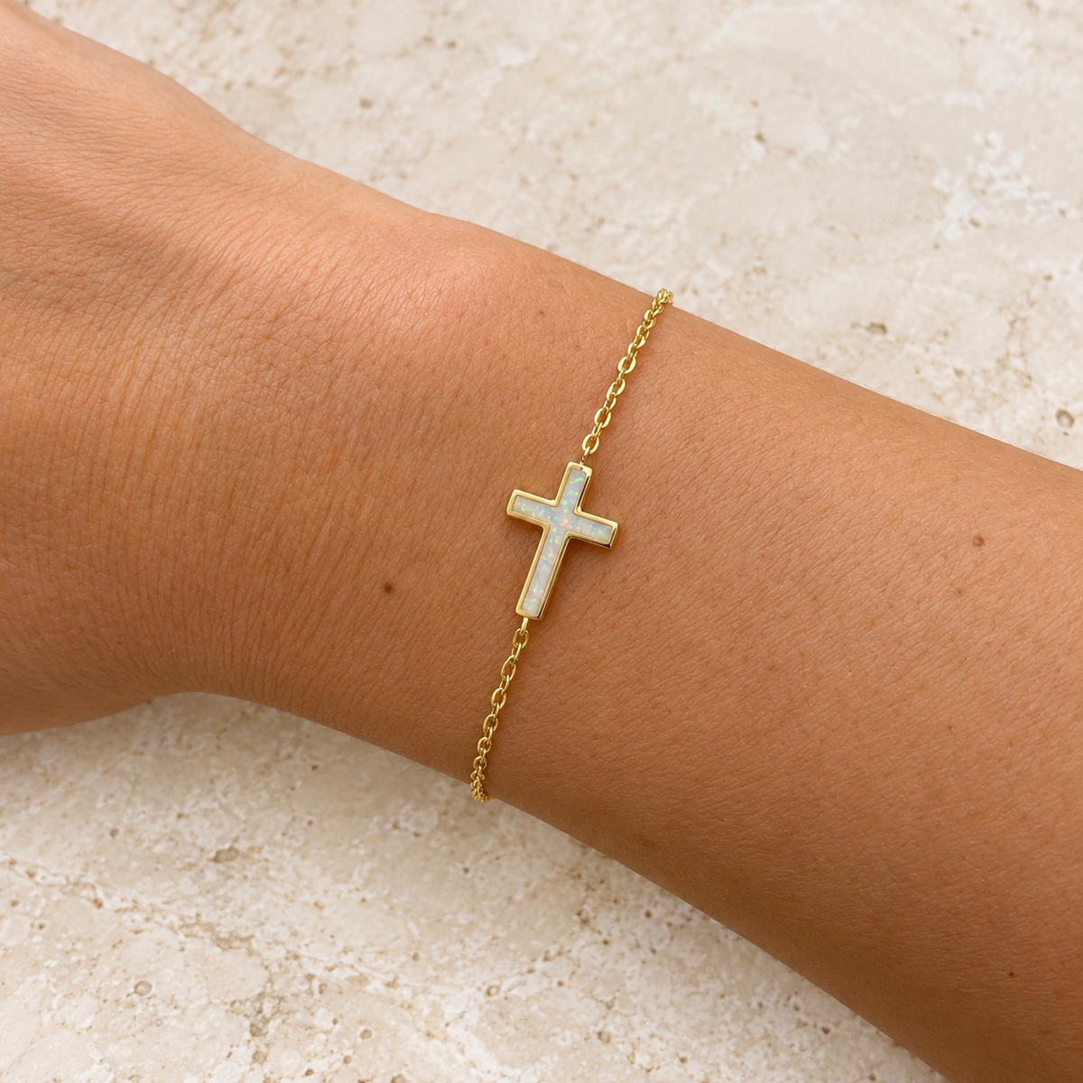 White Opalite Cross Gold Bracelet