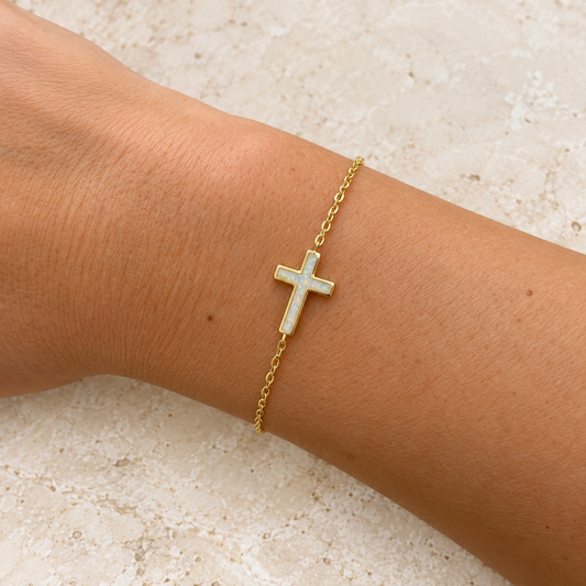 White Opalite Cross Gold Bracelet