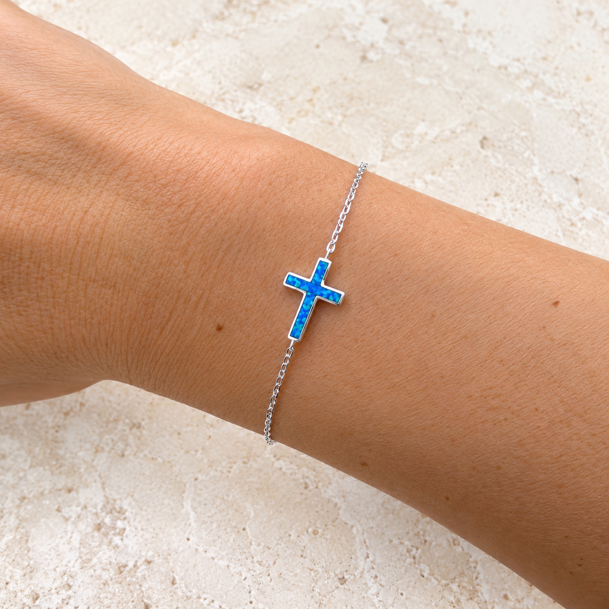 Blue Opalite Cross Silver Bracelet