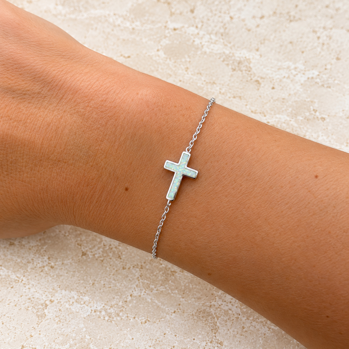 White Opalite Cross Silver Bracelet