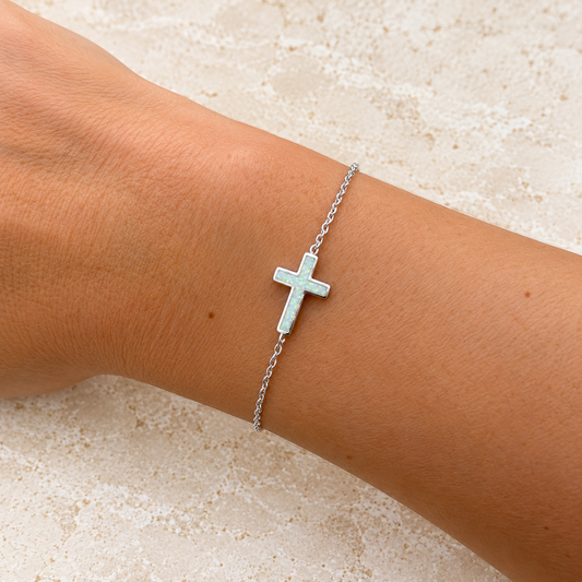 White Opalite Cross Silver Bracelet