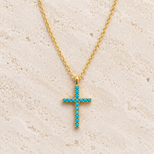 Turquoise Blue Cross Gold Necklace