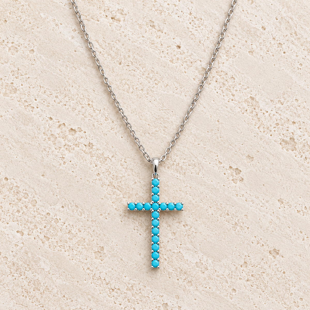 Turquoise Blue Cross Silver Necklace