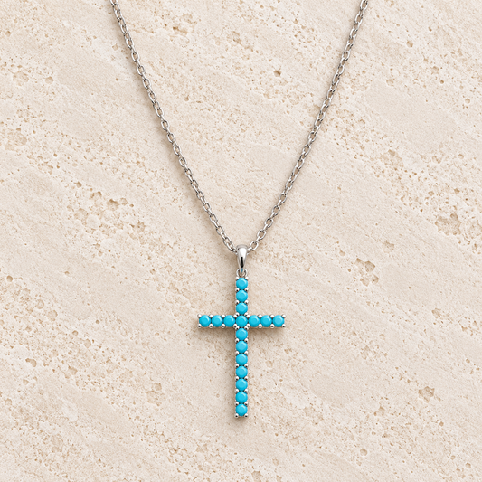 Turquoise Blue Cross Silver Necklace