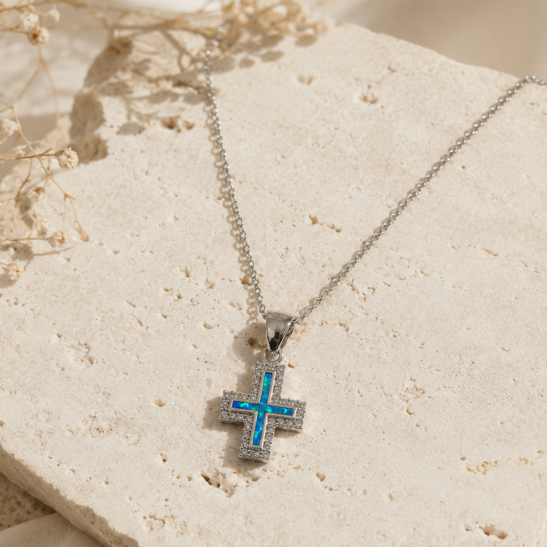 Blue Opalite Cross Silver Necklace