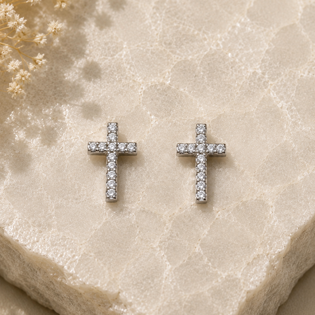 Cubic Zirconia Silver Cross Earrings