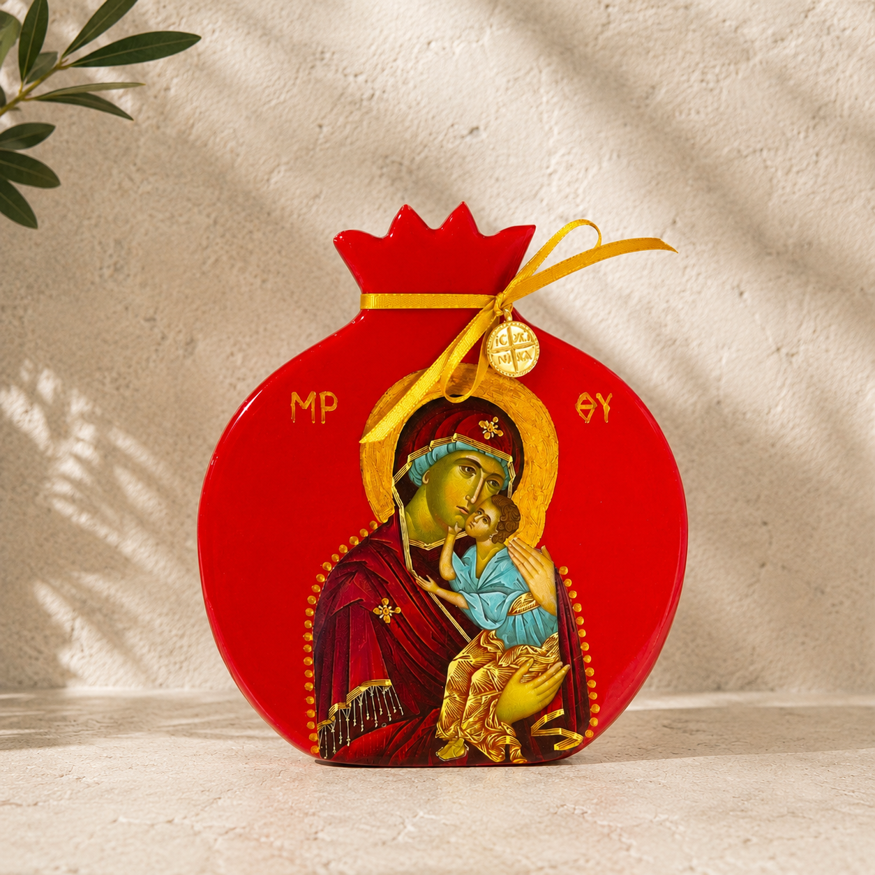 Wooden Pomegranate Mary & Jesus Icon