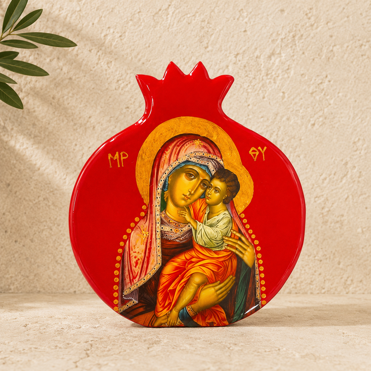 Wooden Pomegranate Mary & Jesus Icon