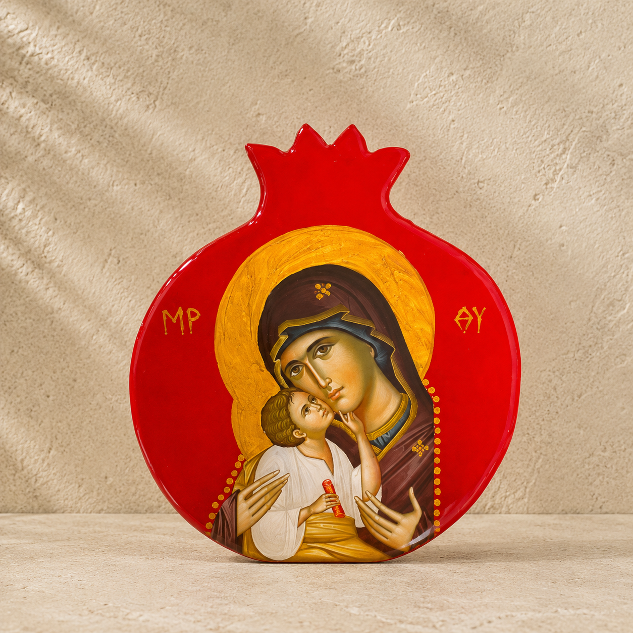 Wooden Pomegranate Mary & Jesus Icon