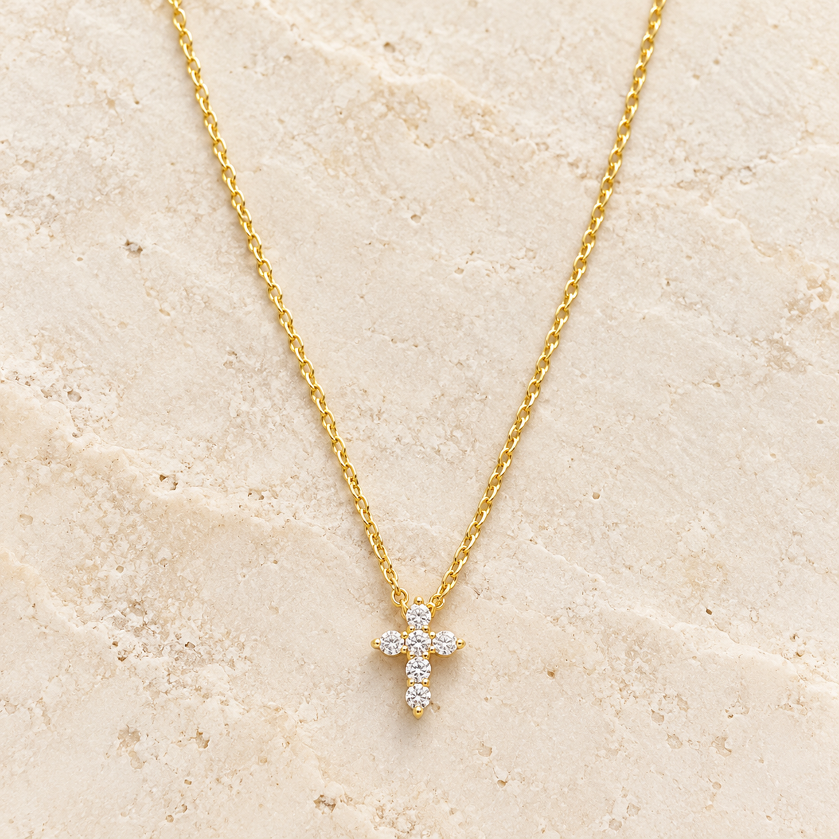 Miniature Cubic Zirconia Cross Gold Necklace
