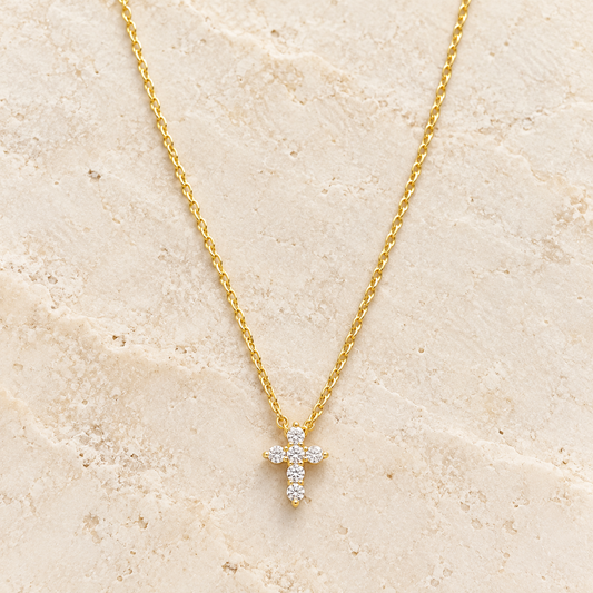 Miniature Cubic Zirconia Cross Gold Necklace