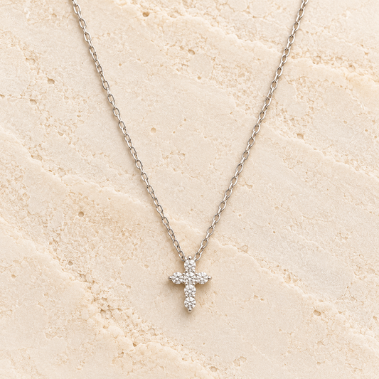 Miniature Cubic Zirconia Cross Silver Necklace