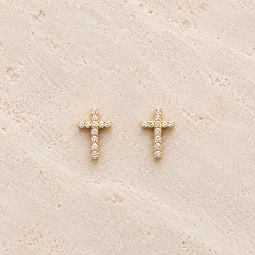 Cubic Zirconia Gold Cross Stud Earrings