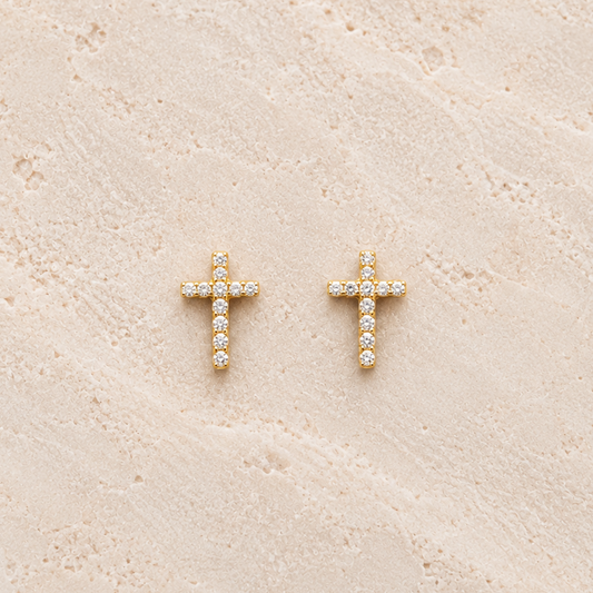 Cubic Zirconia Gold Cross Stud Earrings