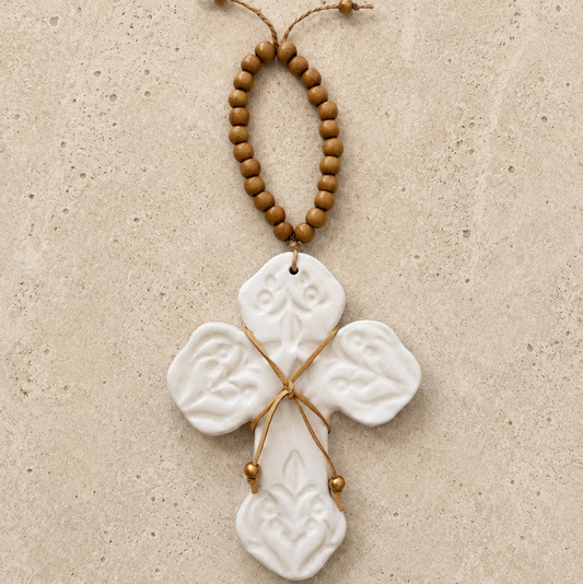 White Ceramic Cross & Wooden Beads