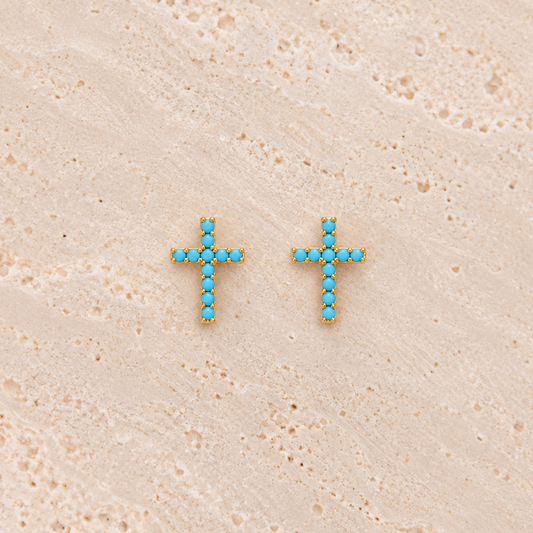 Turquoise Gold Cross Stud Earrings